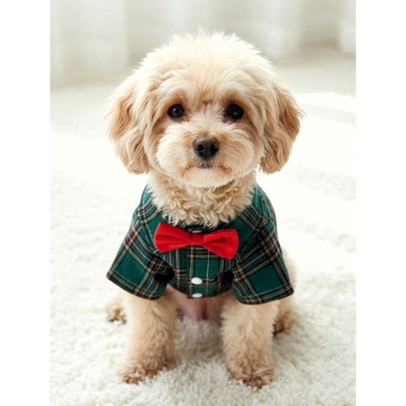 Green Plaid Bow Tie Pet Shirt for Small to Medium Dogs & Cats, Formal Button-Up Dog Shirt with Classic Bow Tie Collar, Stylish Lightweight Pet Apparel for Parties, Holidays, Weddings & Special Occasi