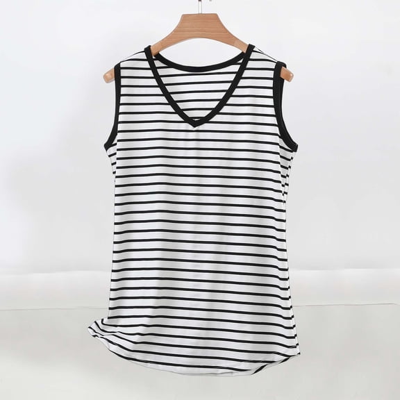 Uaswgudfs Tank Tops for Women Plus Size Tops V-Neck Striped Spaghetti Strap Tank - Loose Fit Summer Casual