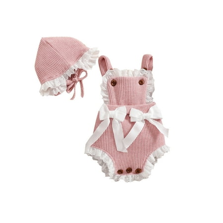 

Sunisery Newborn Baby Girls Bowknot Sleeveless Ruffle Knitted Romper Hat 2pcs Summer Outfits Clothes Set Pink 9-12 Months