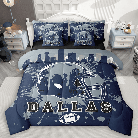 Manfei American Football Twin Bedding Sets 7pcs for Kids Teens, Rugby Helmet Bedding Comforter Set, Navy Gray Graffiti Splash Sheet Sets, Super Cozy Room Decor