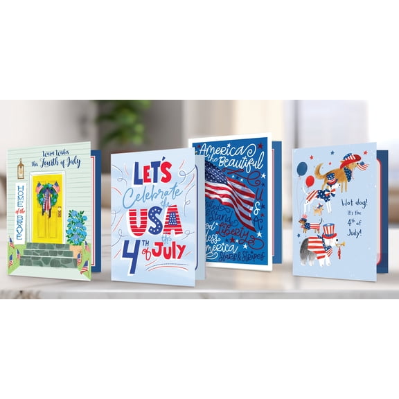 Designer Greetings Independence Day Cards with Envelopes, Assorted 4 Pack Patriotic 4th of July Greeting Cards, “God Bless America” Designs for America’s 250th Anniversary