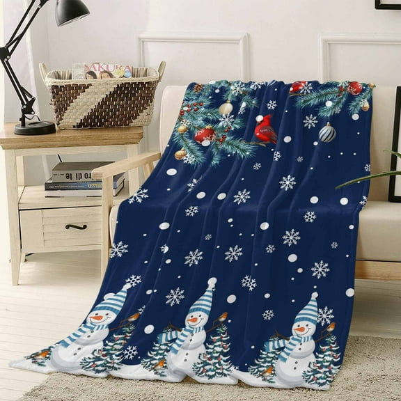 Christmas Throw Flannel Blanket 40x50In Tree Snowman Winter Snowflakes Navy Blue Super Soft Cozy Bed Blanket, Lightweight Plush Fuzzy Bed Throw for Bedroom Sofa Couch Living Room