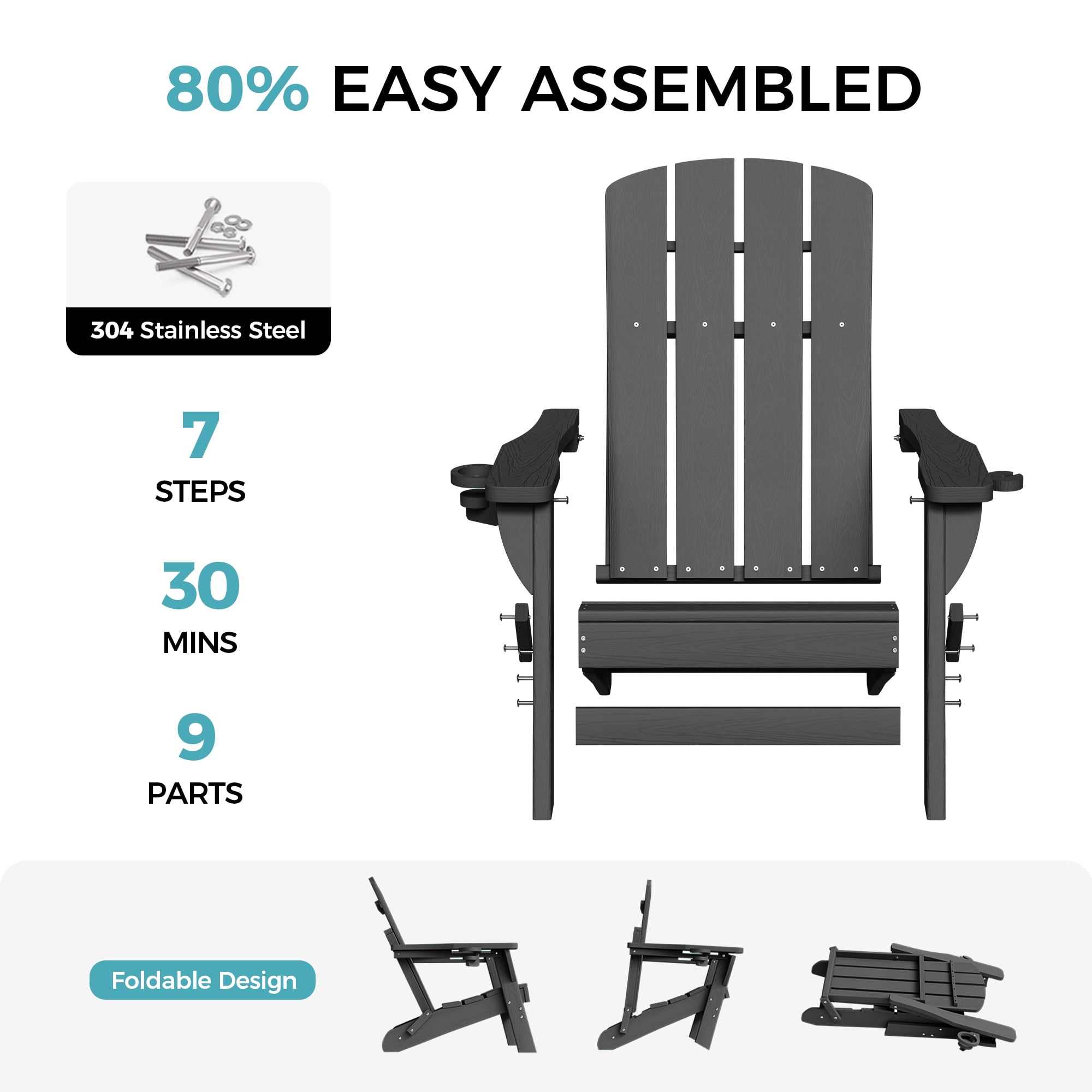 Outdoor Adirondack Chair, Outdoor Folding All-Weather HDPE Adirondack Chairs with 2 Cup Holders for Patio, Gray