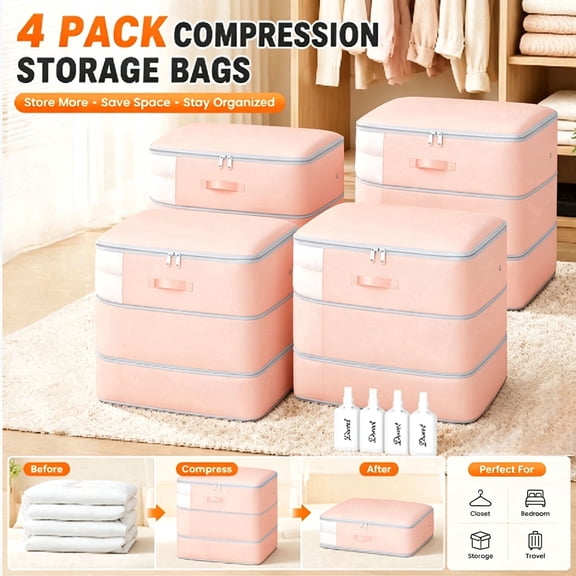 DIMJ Moving Bags with Zipper Quilted Comforter Storage Bags 4 Pack, 170G Heavy Duty Clothes Bedding Organizer Containers for Underbed Closet Organization,Pink