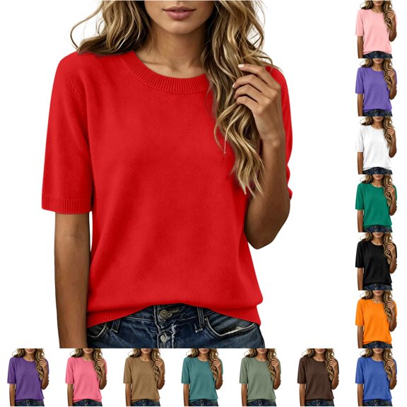 RUTAYY Women's T-Shirt Solid Color Crew Neck Knitted Shirt Elegant Lightweight Short Sleeve Summer Slim Fit Classic Seaside Tees