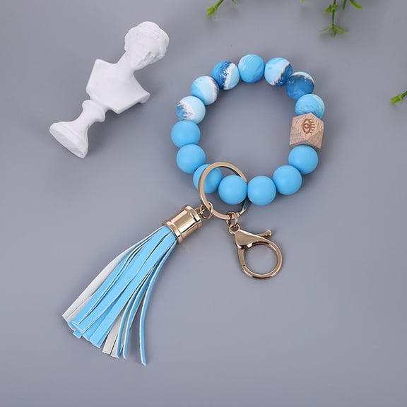 Stylish Silicone Keychain Beaded Wristlet Key Ring Bracelet for Women with Elegant Leather Tassel Accessory