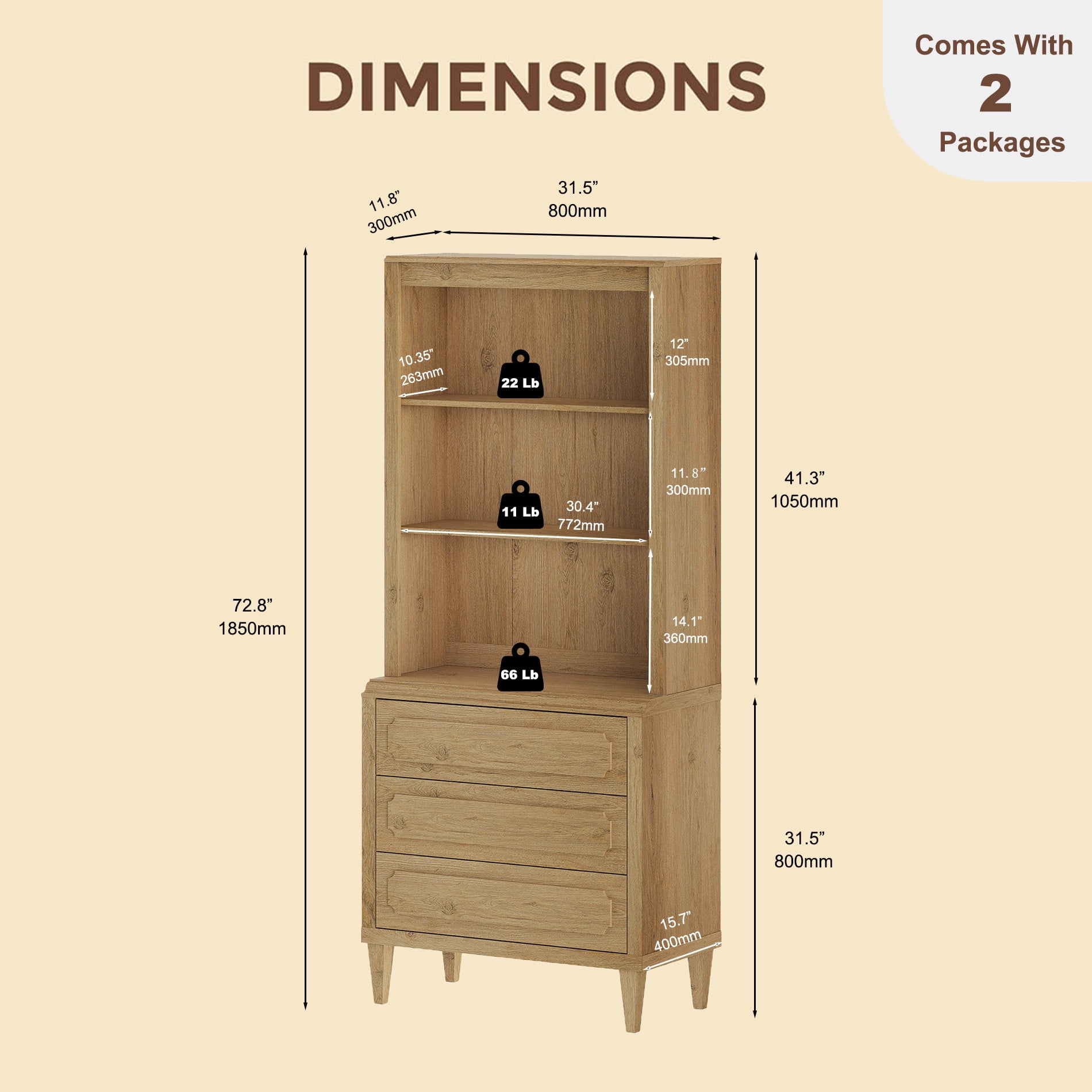 Tall Bookshelf with Drawers, 72.8 Inch Vintage Wood Bookcase with Storage