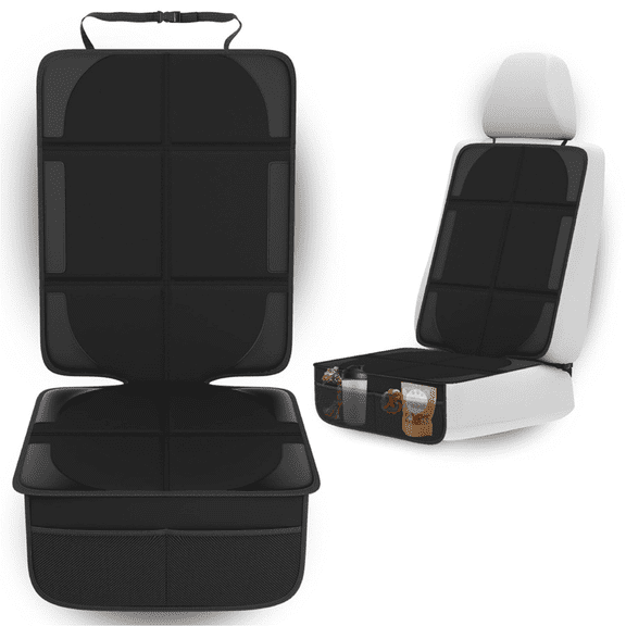 Car Seat Protector for Baby Car Seat - Thick Padding - Seat Protector Under Baby Car Seat with 2 Mesh Storage Pockets - Black Waterproof Baby Car Seat Protector - Non-Slip Padded Backing