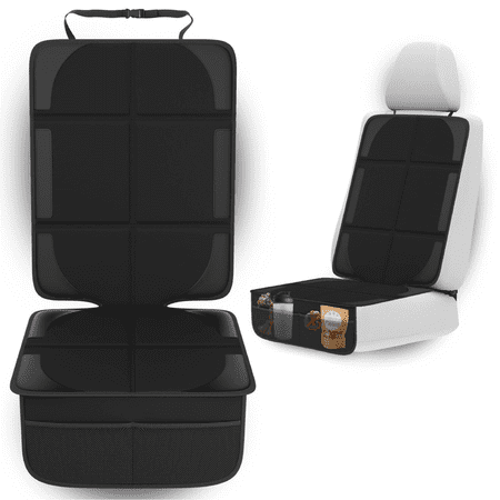Car Seat Protector for Baby Car Seat - Thick Padding - Seat Protector Under Baby Car Seat with 2 Mesh Storage Pockets - Black Waterproof Baby Car Seat Protector - Non-Slip Padded Backing