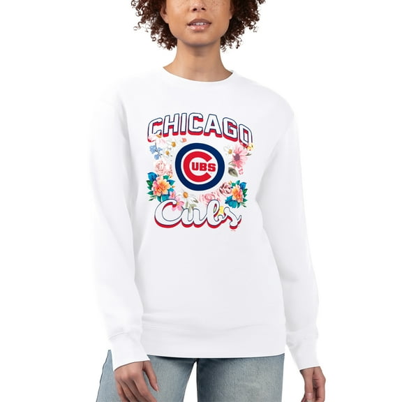 Women's G-III 4Her by Carl Banks White Chicago Cubs Flowers Graphic Pullover Sweatshirt