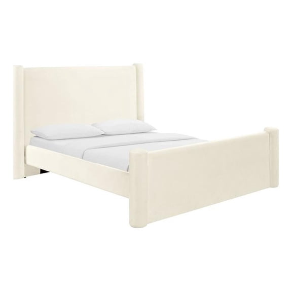 Maklaine Modern Contemporary Velvet Queen Bed in Cream Finish