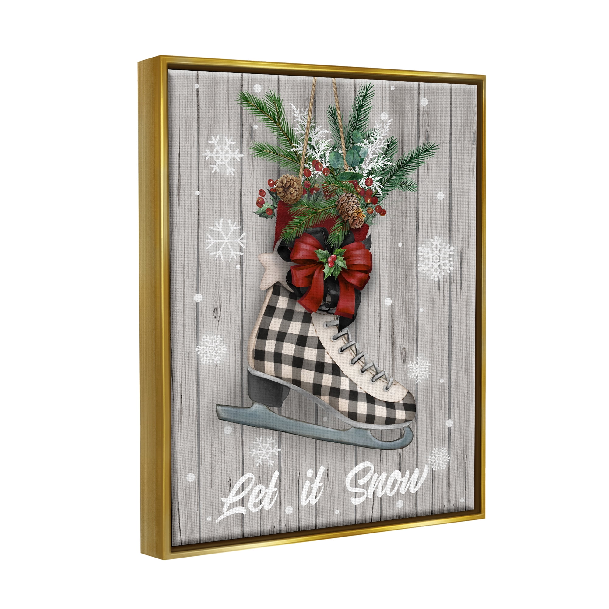 Stupell Industries Let it Snow Ice Skate Holiday Painting Gold Floater Framed Canvas Art Print Wall Art, 17 x 21
