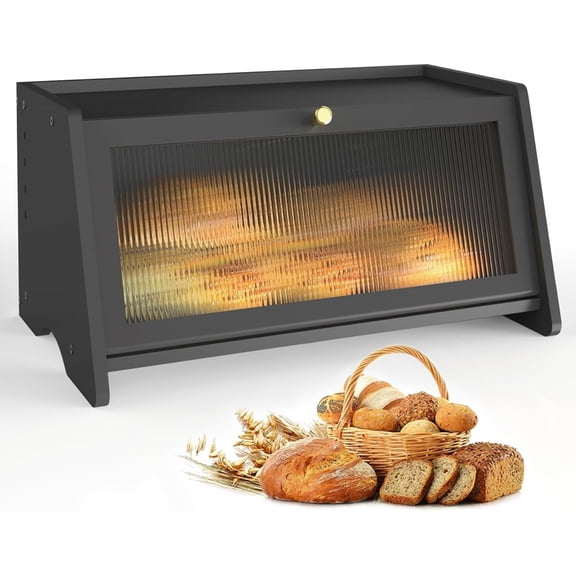 Black Bread Box for Kitchen Countertop, Yeulluey Bamboo Bread Box Bread Storage Container for Homemade Bread, Large Bread Bin with Window and Air Vents to Keep Fresh Bread