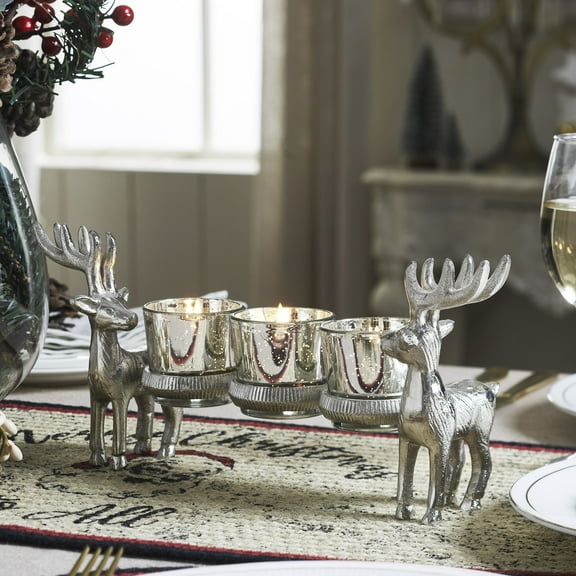 VHC Brands Metal Reindeer Three-Votive Mercury Glass Candle Holder 5.5x13x3.5