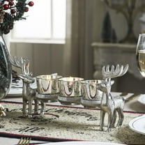 VHC Brands Metal Reindeer Three-Votive Mercury Glass Candle Holder 5.5x13x3.5