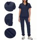 thumbnail image 1 of Conjunto de uniforme médico para mujer, cuello en V, manga corta, blusa, cintura elástica y pantalones deportivos, color sólido, conjunto de trabajo de enfermería de 2 piezas con bolsillos., 1 of 7