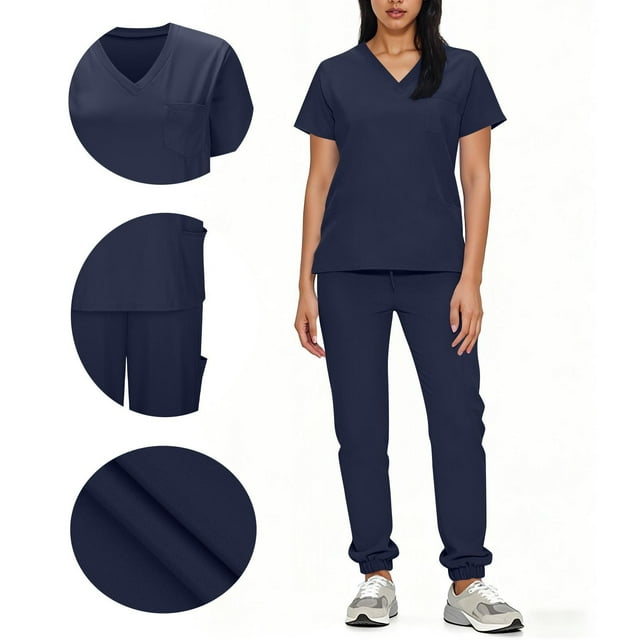 Women's Solid Color Nursing Uniform Set with V-Neck Top and Drawstring Pants, Soft Breathable Fabric for Healthcare Professionals