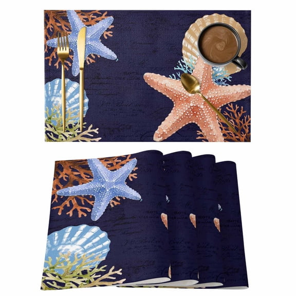 Starfish Seashell Coral Placemats Set of 12, Coastal Nautical Orange Blue Marine Life Non-Slip Place Mats Washable Table Mats for Kitchen Dining Table Decorations Indoor/Outdoor