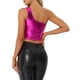 thumbnail image 3 of Top corto metálico para mujer de un solo hombro, ropa de fiesta de Halloween, club, camisetas brillantes holográficas, M rosa intenso, 3 of 6