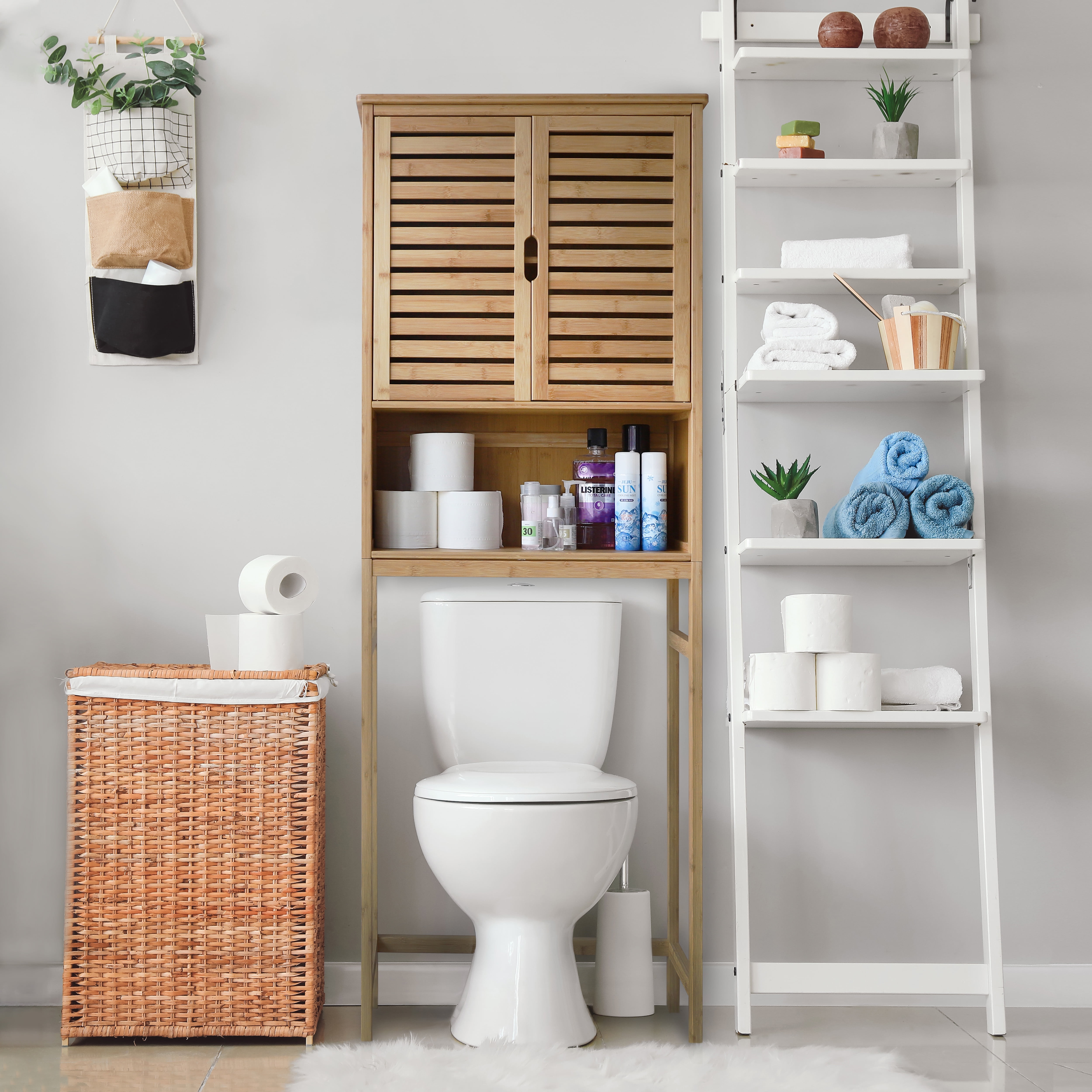 over the Toilet Storage with Basket and Drawer, Bamboo Bathroom