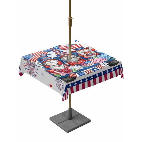 Outdoor Tablecloth with Umbrella Hole for Patio/Picnic/Party/Camping, 4th of July Waterproof Table Cloth Square Cover Washable, USA Flag Firework Independence Day Gnomes (54"x 54")