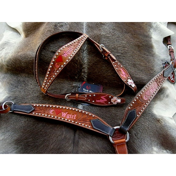 Horse Western Riding Leather Bridle Headstall Breast Collar Tack Pink 7649