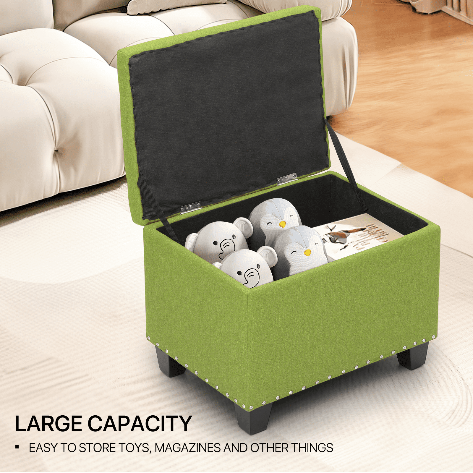 MoNiBloom Modern Microfiber Upholstered Square Ottoman with Wooden Legs, Button Tufted Storage Footrest Footstool for Living Room Bedroom, Green