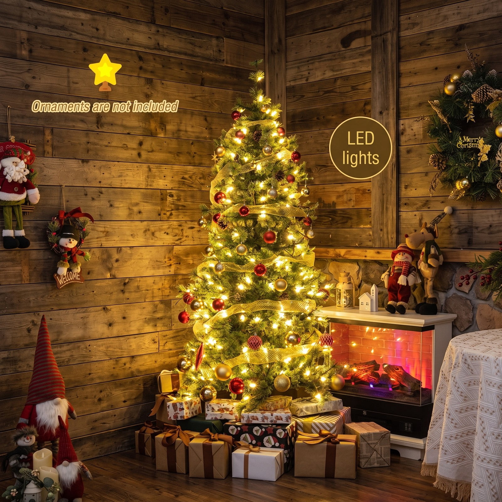 RUIE 6 Feet Pre-Lit Artificial Christmas Tree, Hinged Xmas Pine Tree with 200 Warm White LED Lights and 22 Pine Cones for Holiday Indoor Decor, Green
