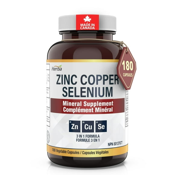 Herba Zinc Picolinate 25mg with Copper and Selenium - 180 Capsules | 3 in 1 Mineral Supplement | Made in Canada