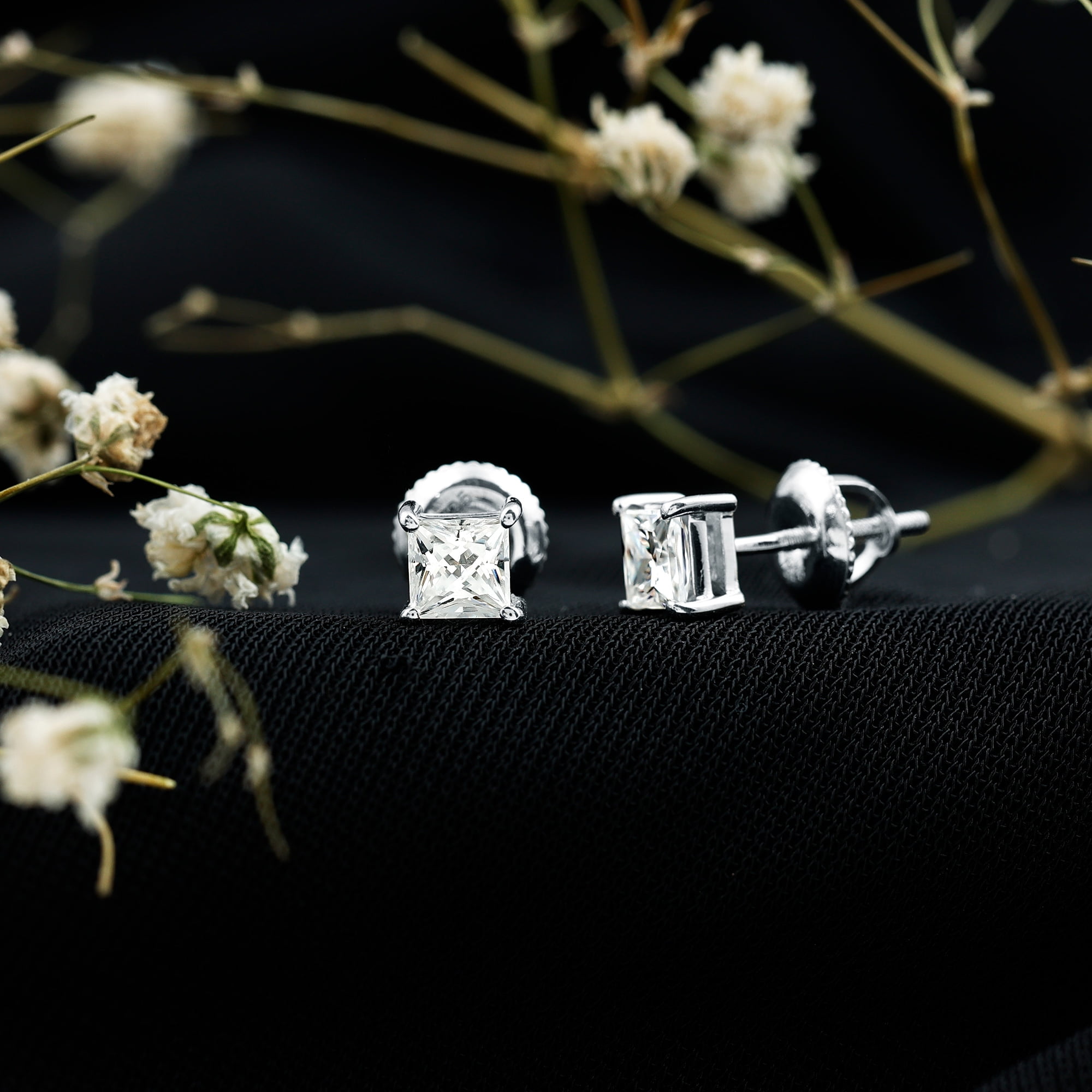 Certified 1.50 Ct Moissanite Stud Earrings with Screw Back (5 mm, D-VS1 Grade) - 925 Silver Princess Cut Earrings - Gift for Women