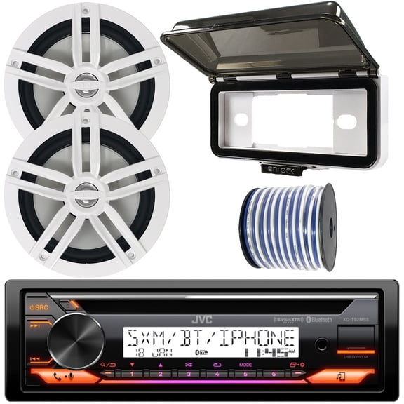 JVC KD-T92MBS Single DIN Marine MotorSports Bluetooth USB AUX AM/FM Stereo CD Player Receiver with 6.5" 180 Watt Max 2-Way White Boat Speakers, Stereo Cover, 18 Gauge 50 ft Speaker Wire