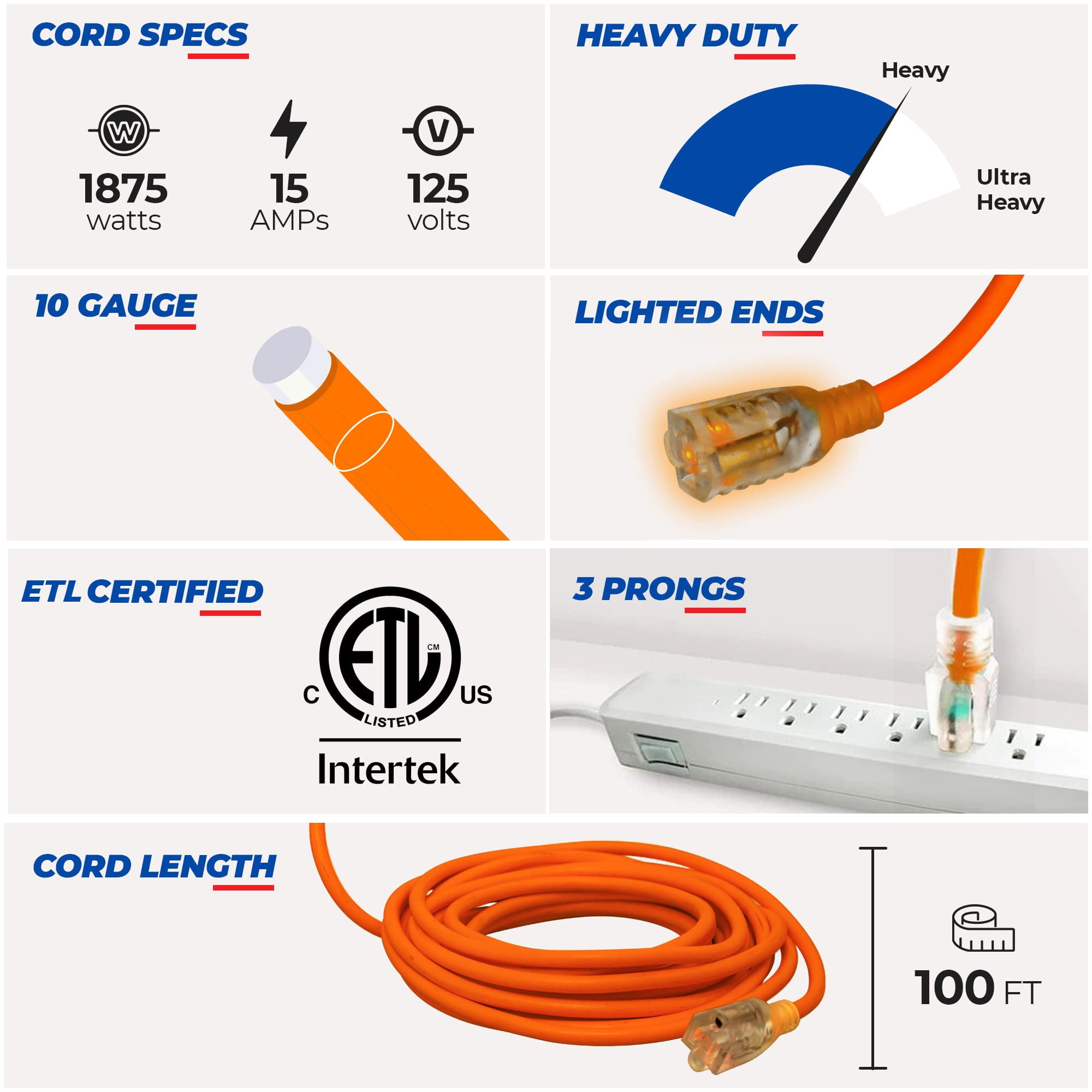 100 ft Power Extension Cord Outdoor  Indoor Heavy Duty 10 gauge/3 prong  SJTW (Orange) Lighted end Extra Durability 15 AMP 125 Volts 1875 Watts ETL  listed by LifeSupplyUSA