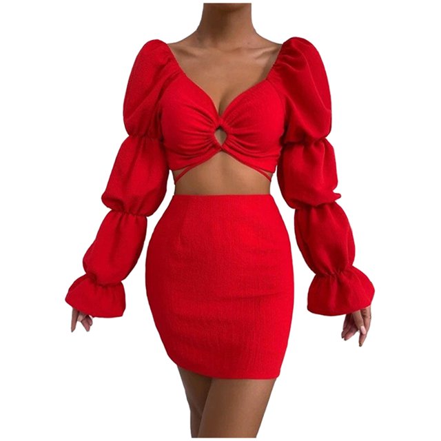 Conjuntos de blusa de manga larga y minivestido con cuello en V para mujer a la moda de 2 piezas Wmkox8yi bvn776