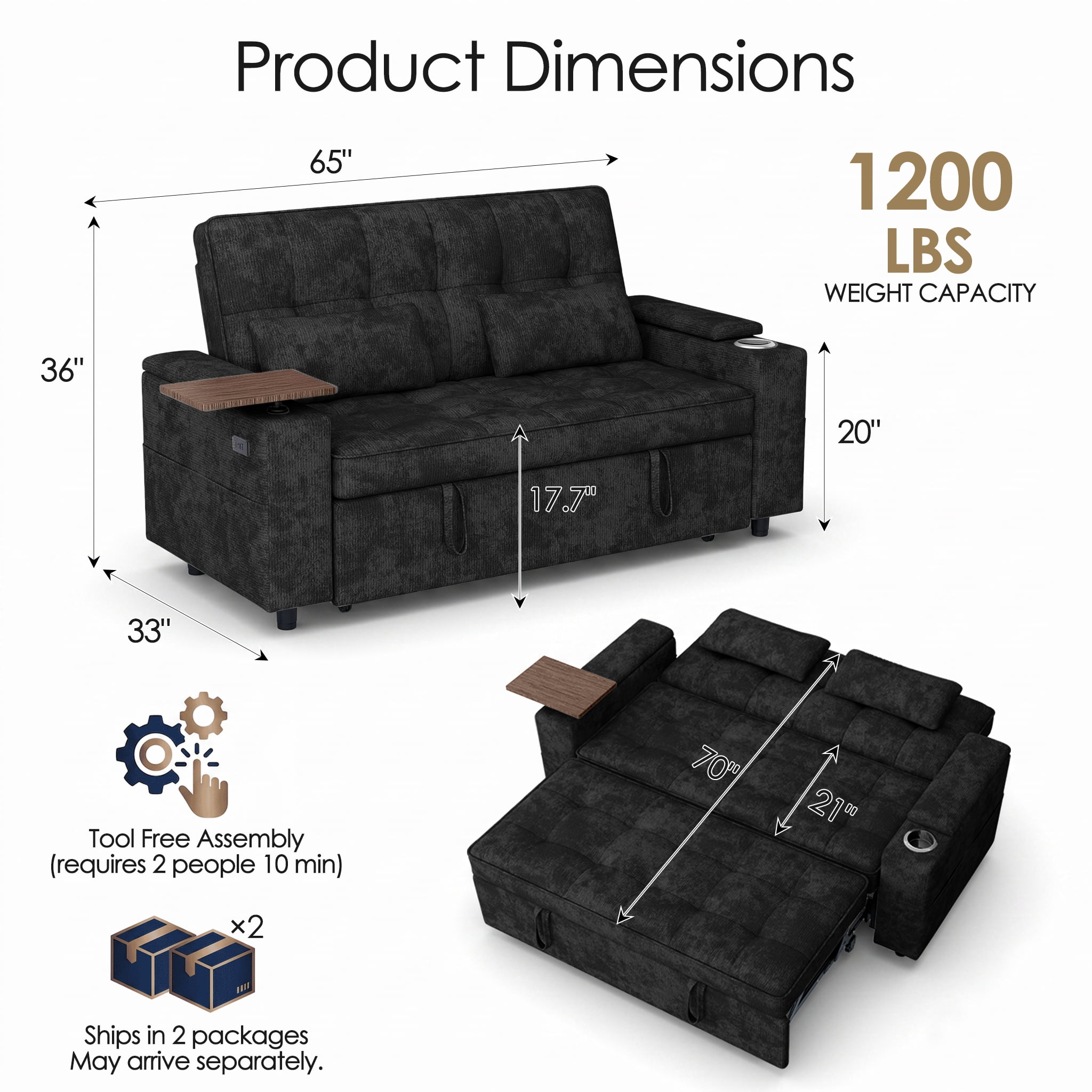 Xiweot 65" Sleeper Sofa Bed, 3-in-1 Convertible Chenille Futon Couch, Loveseat Sofa with Adjustable Backrest, Pull out Couch with Storage Armrest, Table & Pillows for Living Room Apartment (Black)