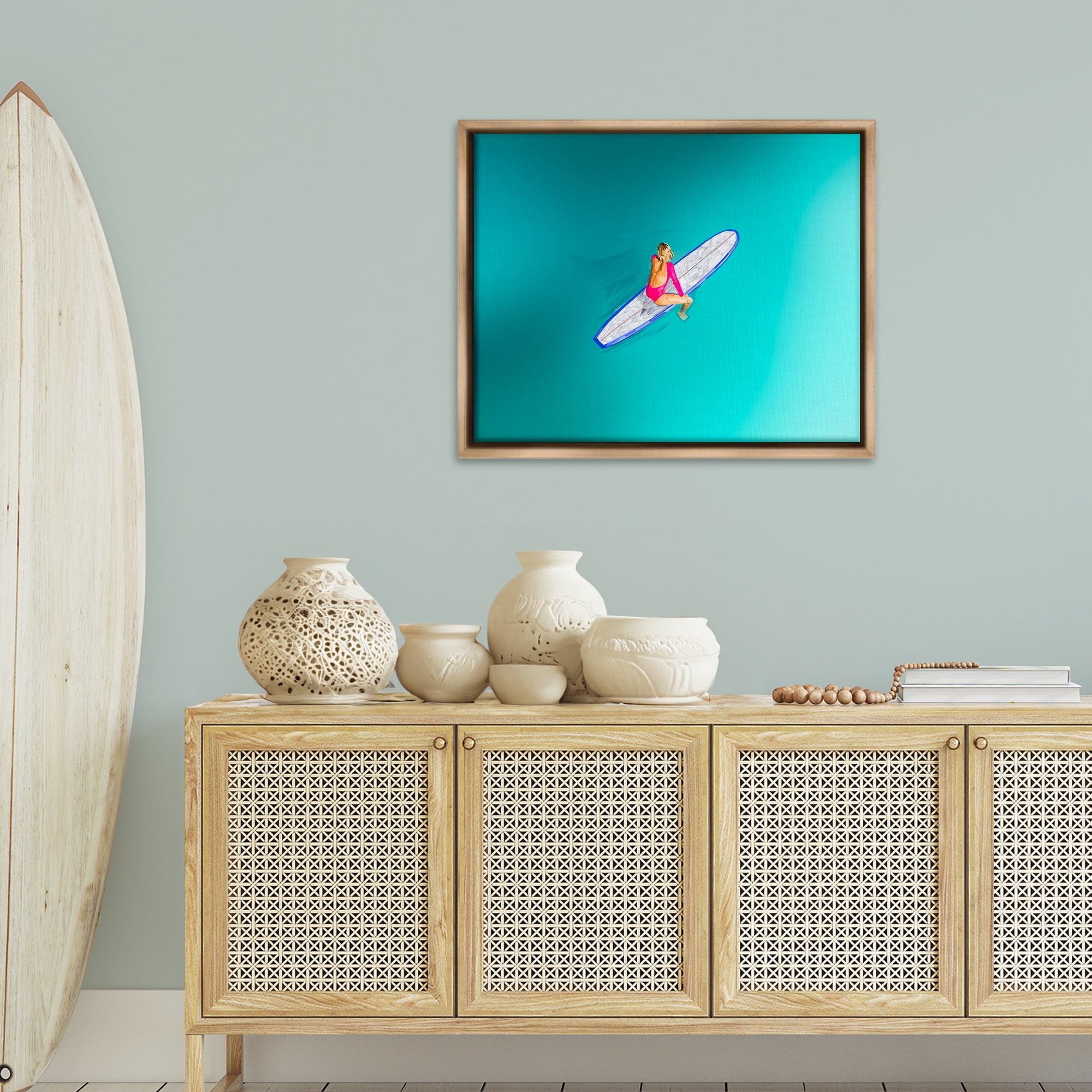 Stupell Industries Sitting on Peaceful Surfboard Nautical & Beach Painting Brown Floater Framed Canvas Art Print Wall Art, 31 x 25