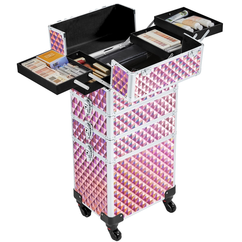 Alden Design 4-in-1 Professional Makeup Train Case with Wheels, Glitter Pink
