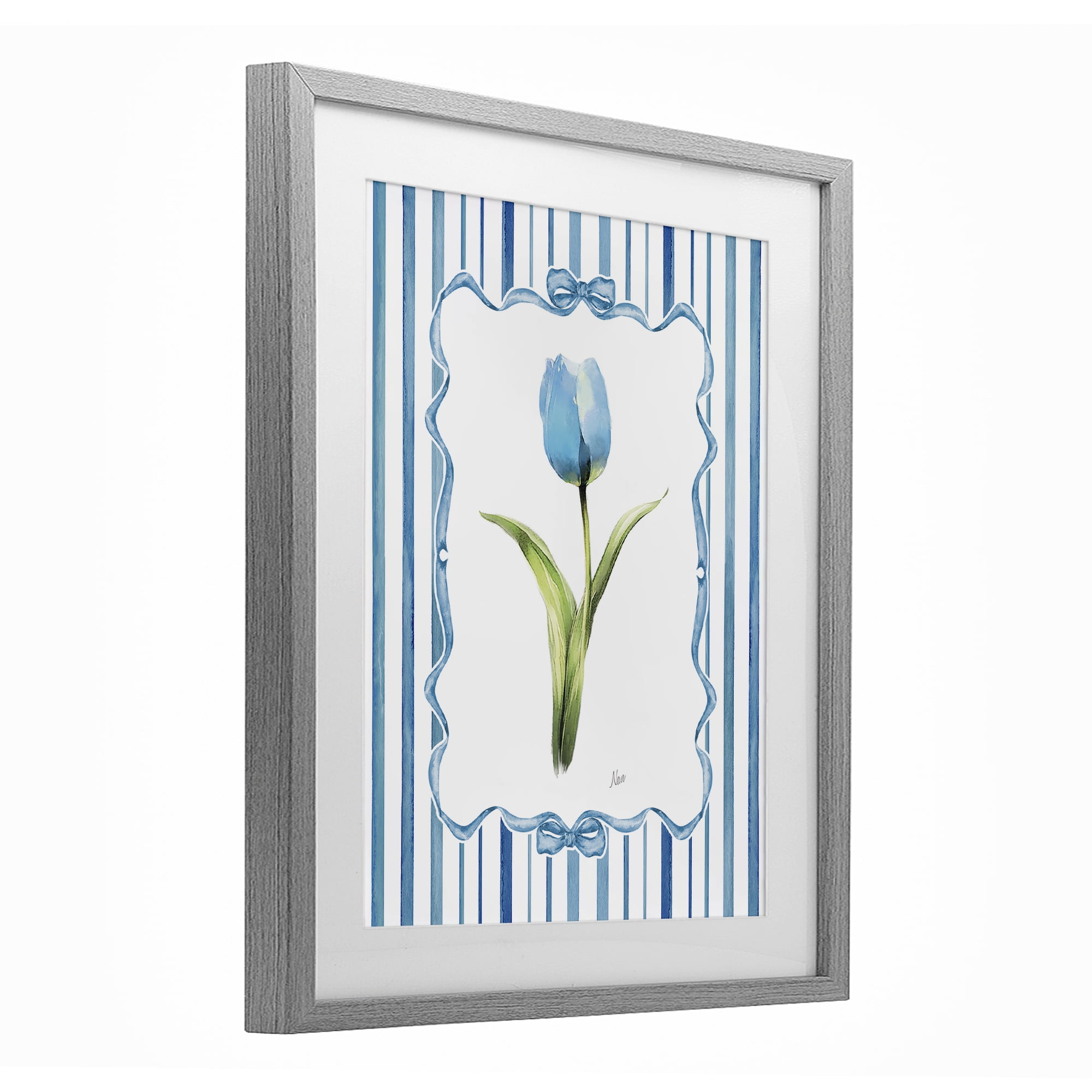 Stupell Industries Single Blue Tulip Stripes Gray Framed Print Under Glass, design by Nan