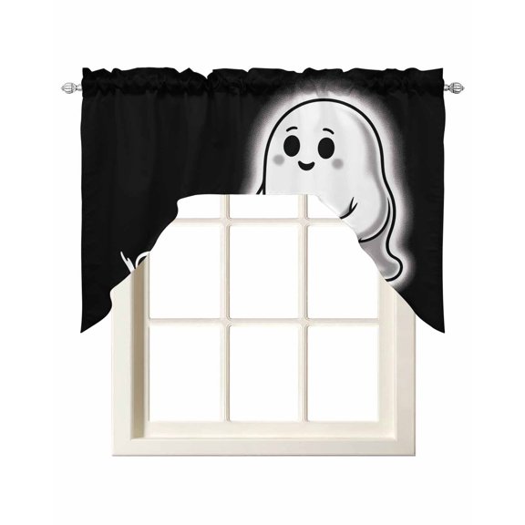 Halloween Kitchen Swag Valances for Windows, Black Spooky Ghost Boo Cute Halloween Decorations Swag Valances Curtains for Living Room, Rod Pocket Window Treatments for Bathroom, Bedroom, 56"x36"