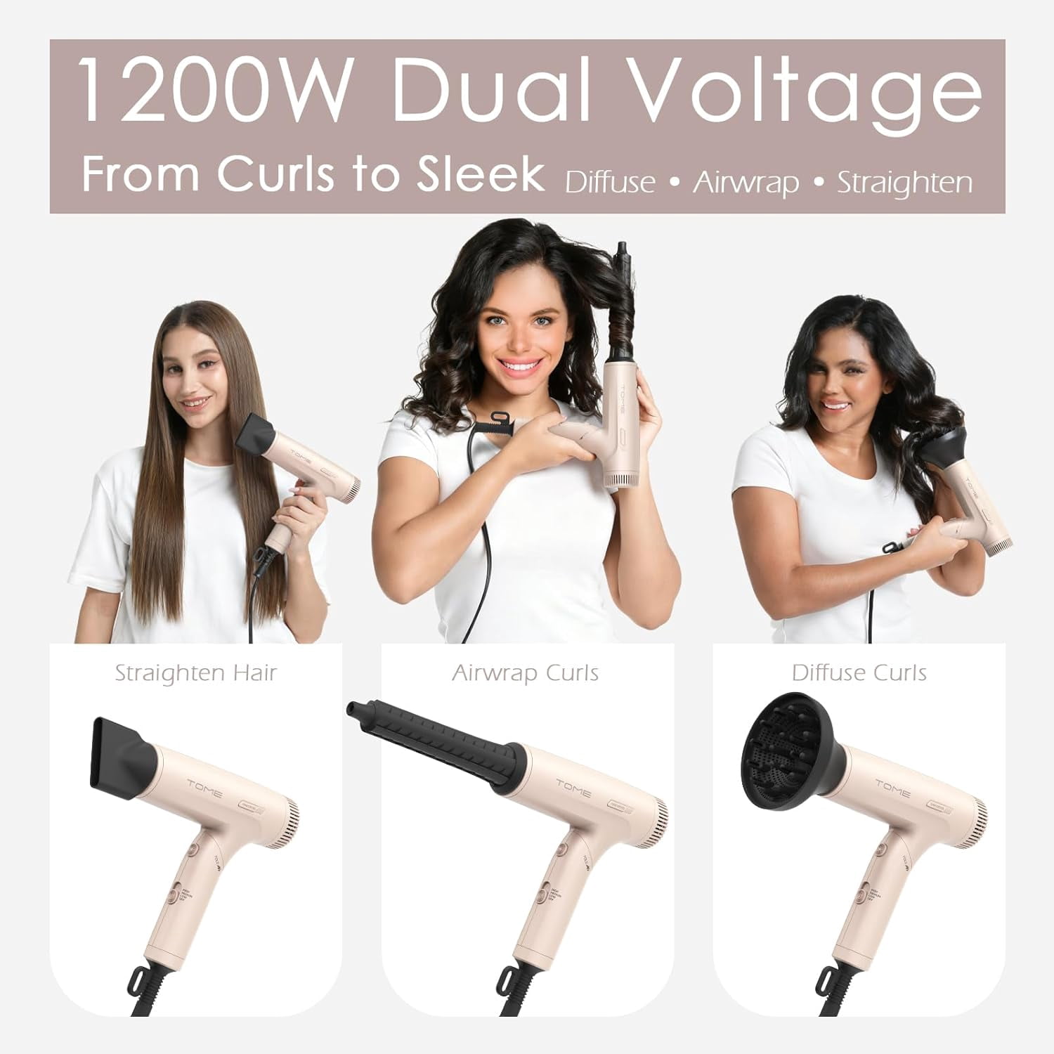 TOME Hair Dryer with Diffuser,Dual Voltage Travel Blow Dryer 1200W Air Curling Wands Nozzle with Universal Power Adapter