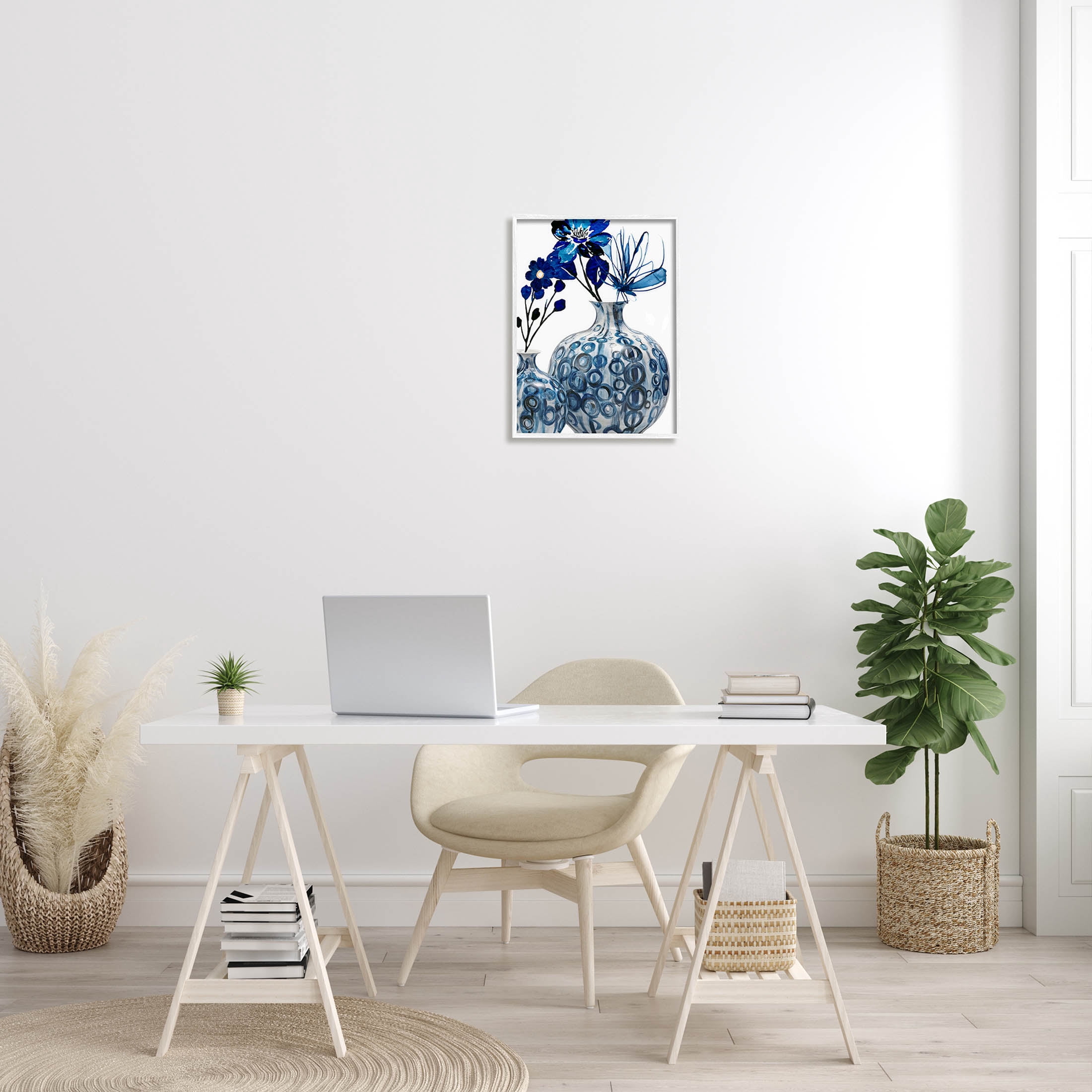 Modern Blue Floral Ornate Vase Botanical & Floral Graphic Art White Framed Art Print Wall Art