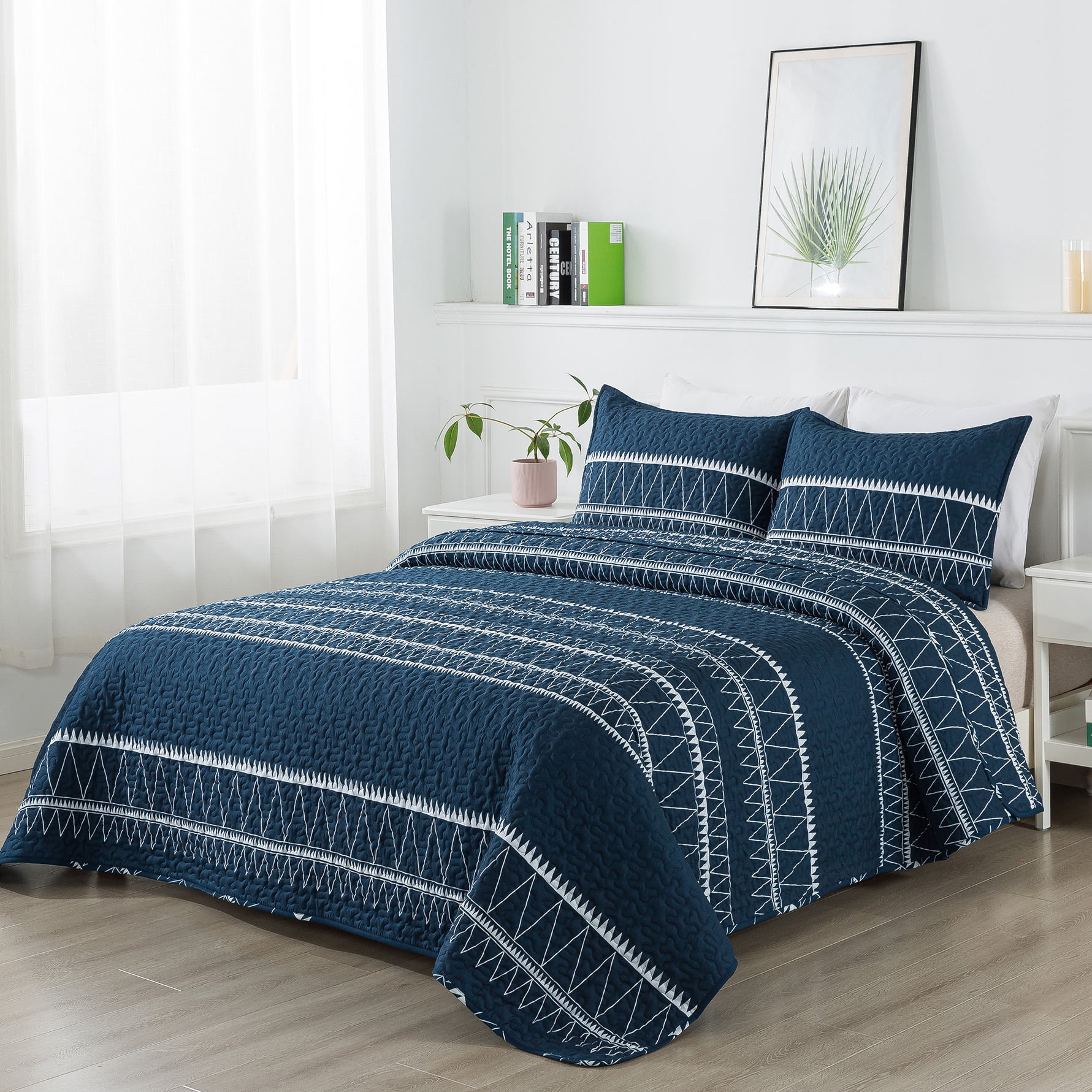 Andency California King Quilt Sets Navy Blue, 3 Pieces Soft Lightweight Summer Bedspread Coverlet Set, Oversized Boho Microfiber Quilted Bedding Set for All Seasons