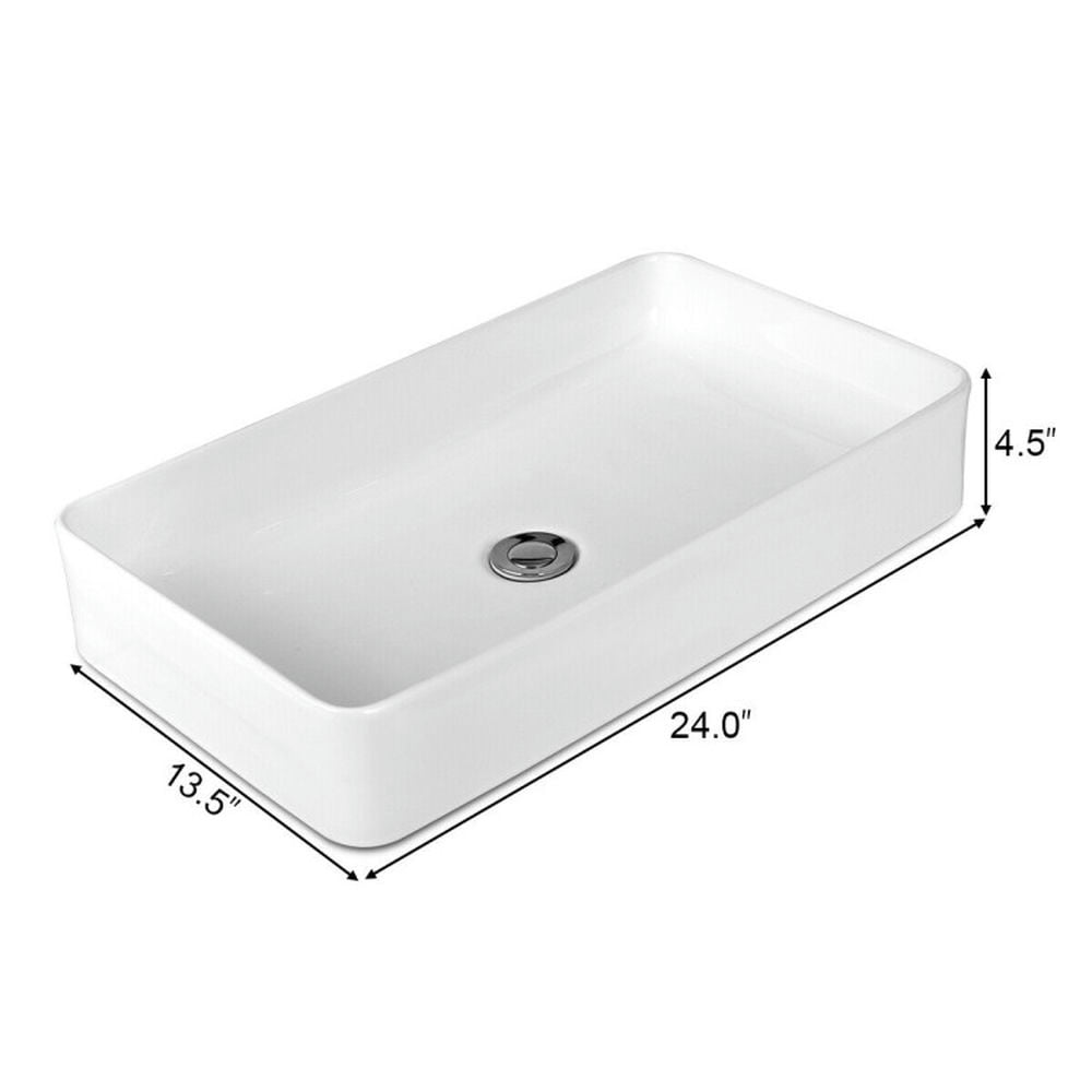 Finihen Bathroom Vessel Sink, Rectangle Ceramic Basin, 24 x 14 Inch Rectangle Bathroom Vessel Sink with Pop-up Drain, White Finihen Bathroom Vessel Sink, Rectangle Ceramic Basin, 24 x 14 Inch Rectangle Bathroom Vessel Sink with Pop-up Drain, White