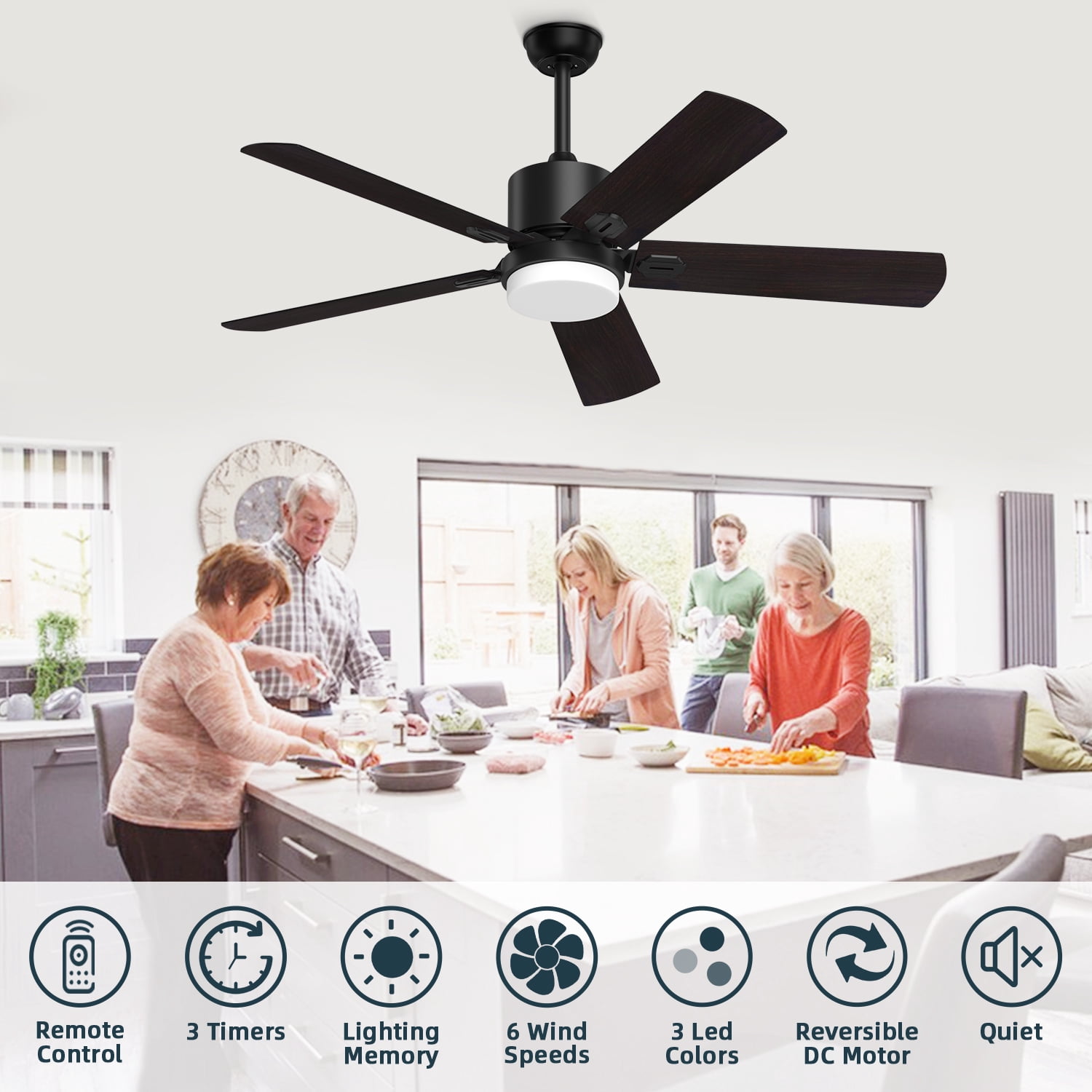Xaujix 52'' Dimmable LED Black Ceiling Fan with Lights and Remote Control and Timing Function