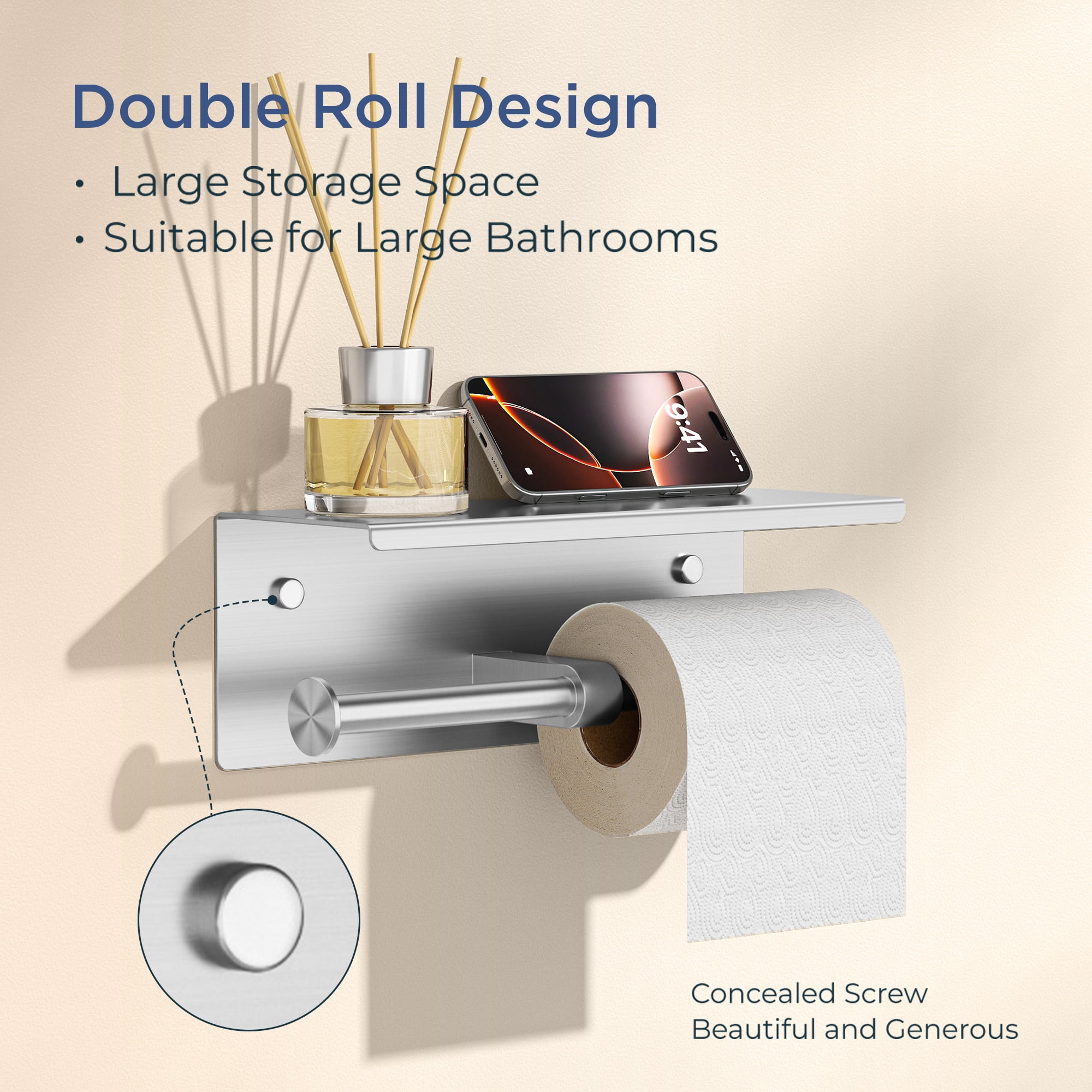 TVOFEK Double Toilet Paper Holder with Shelf, 304 Stainless Steel Wall Mounted Tissue Roll Holder for Bathroom, Rustproof Modern Brushed Nickel