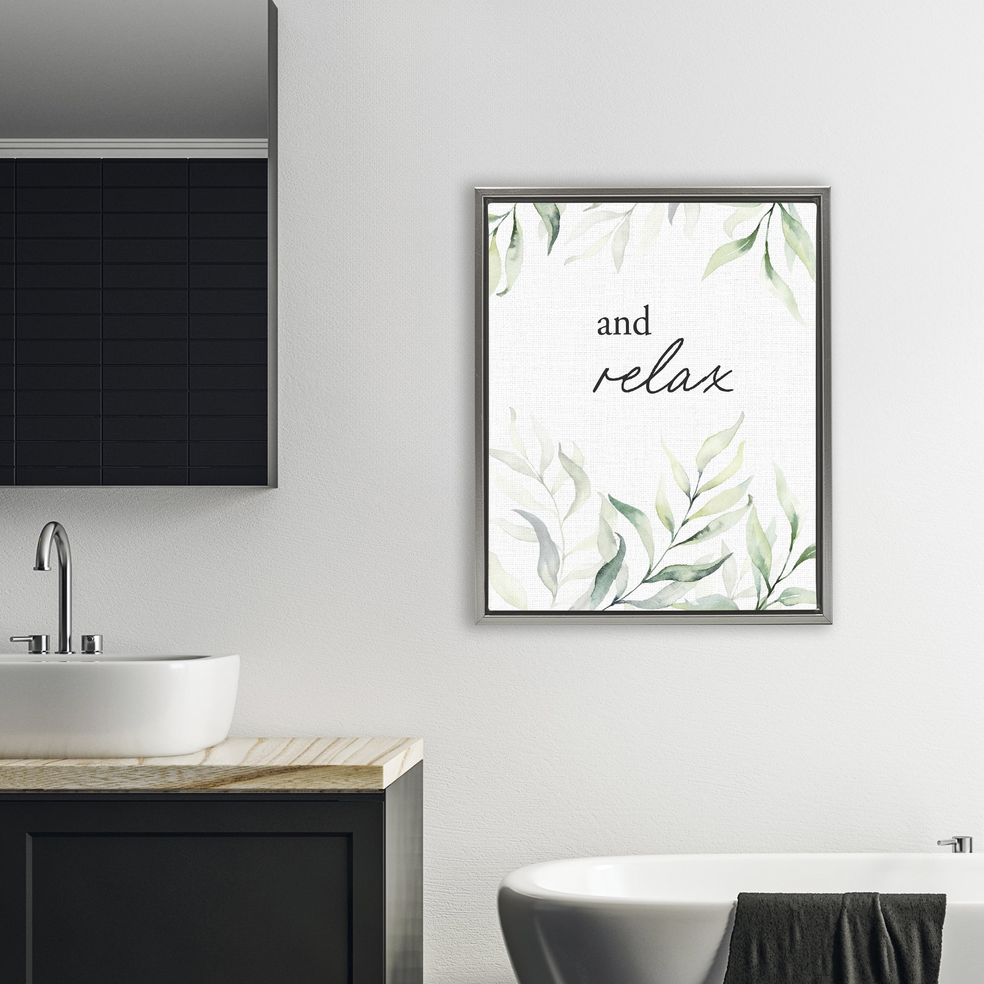 And Relax Soothing Greenery Gray Framed Floater Canvas Wall Art, design by Lettered and Lined