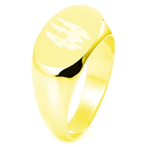 Gold Plated Sterling Silver Star Wars Mandalorian Death Watch Symbol Engraved Oval Flat Top Polished Ring