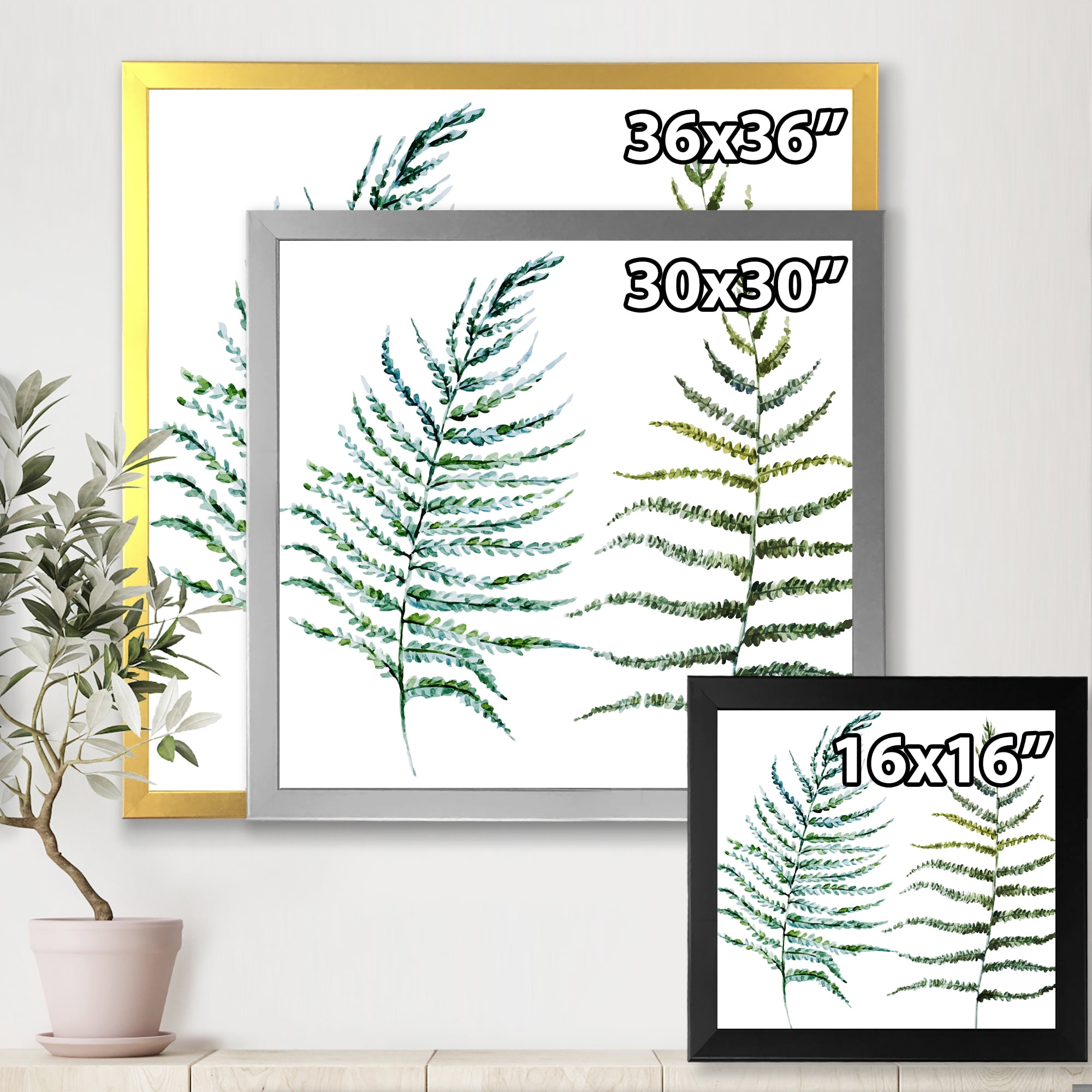 Designart 'Two Fern Leaves On White' Farmhouse Framed Art Print