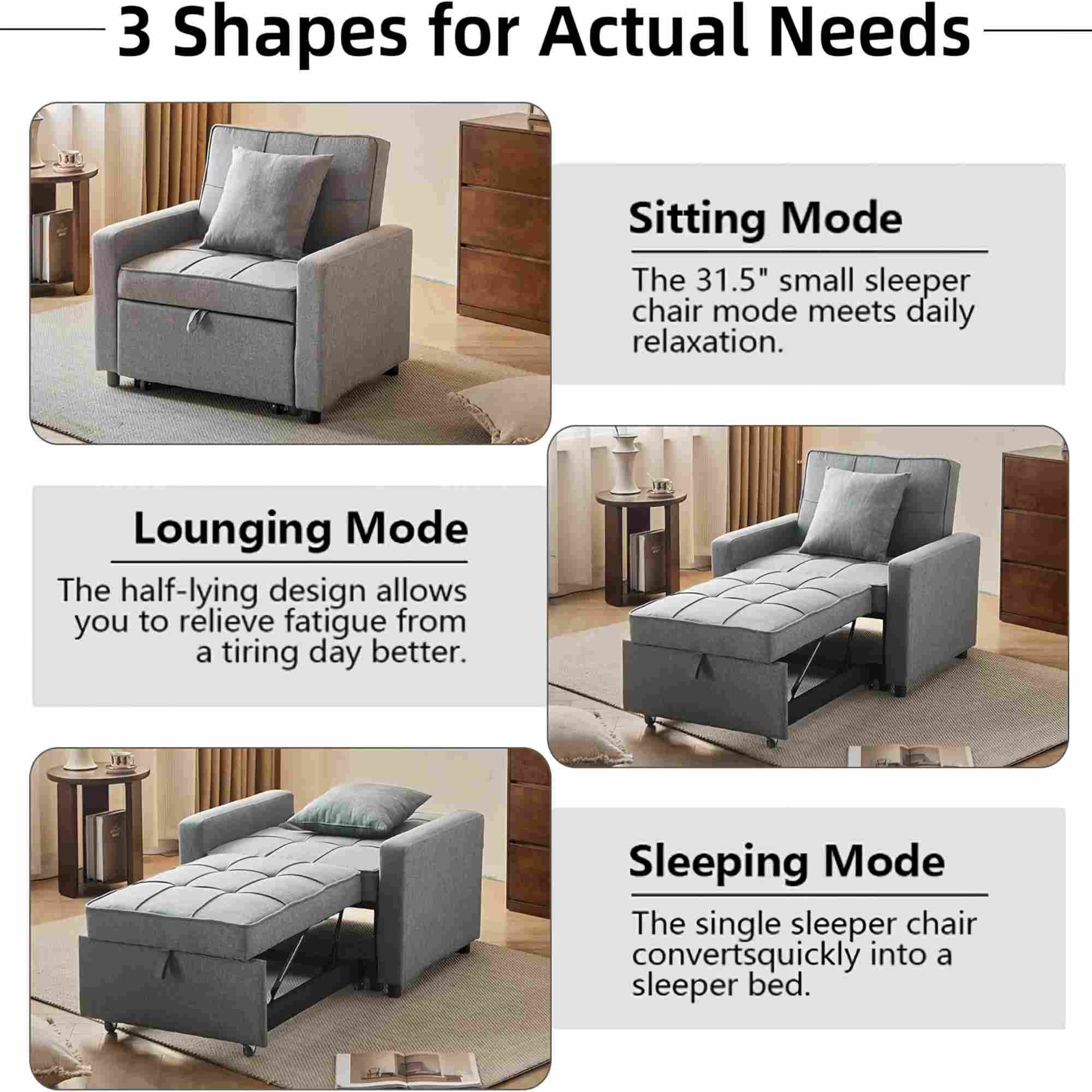 BSHTI 35.6" Cotton Linen Fabric Convertible Sleeper Chair Bed with 3-Level Adjustable Backrest, Pull-Out Design, 1 Pillow for Living Room(Light Gray)