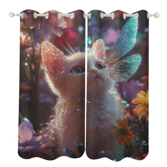 Crystal Cat Blackout Curtains, Watercolor Pattern Window Treatment Grommet Curtains for Bedroom Thermal Insulated Window Curtains for Living Room 2 Panel Set