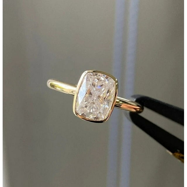 Cushion Cut Moissanite Engagement Ring Solitaire Gold Plated Bridal Ring Anniversary Gift Rings Bezel Set Promise Ring For Women